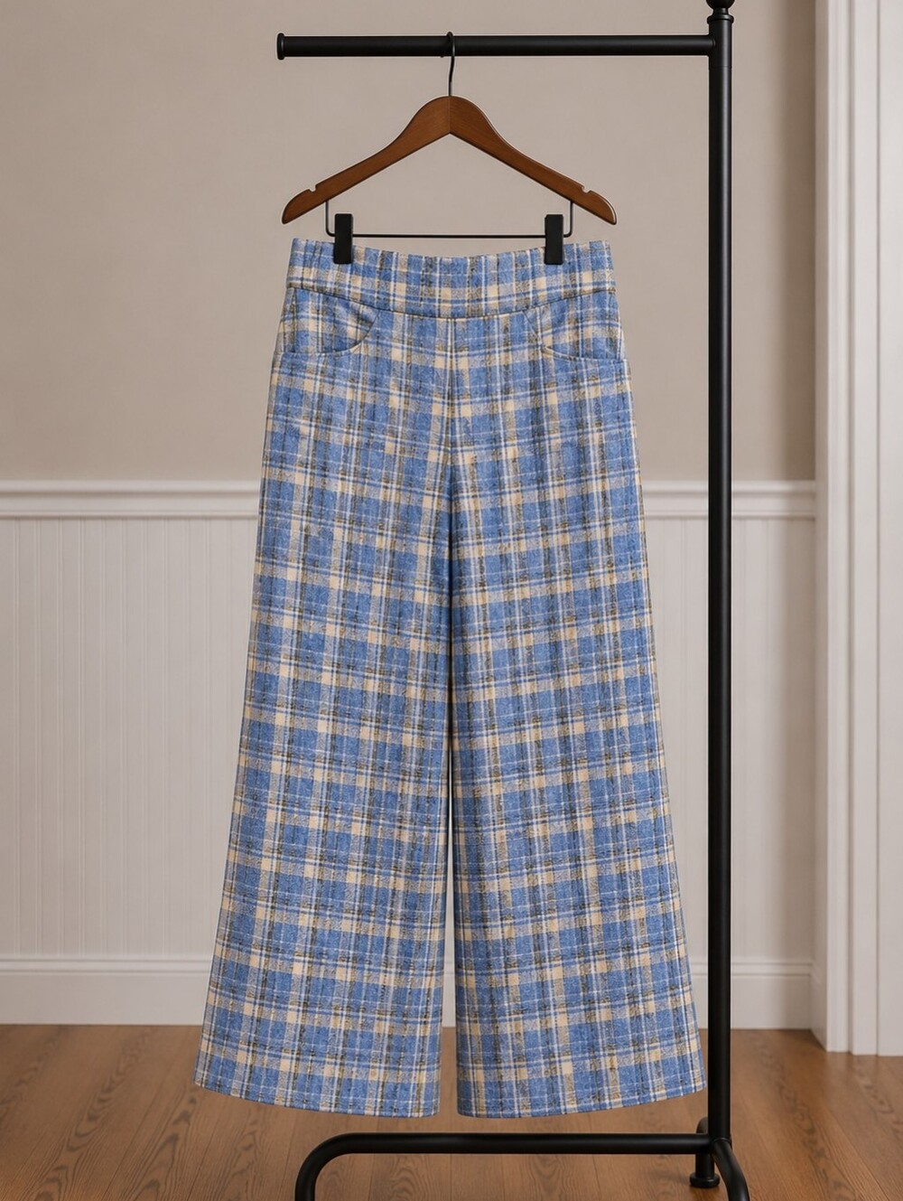 Zara Wide Leg Plaid Trousers in Blue & Cream